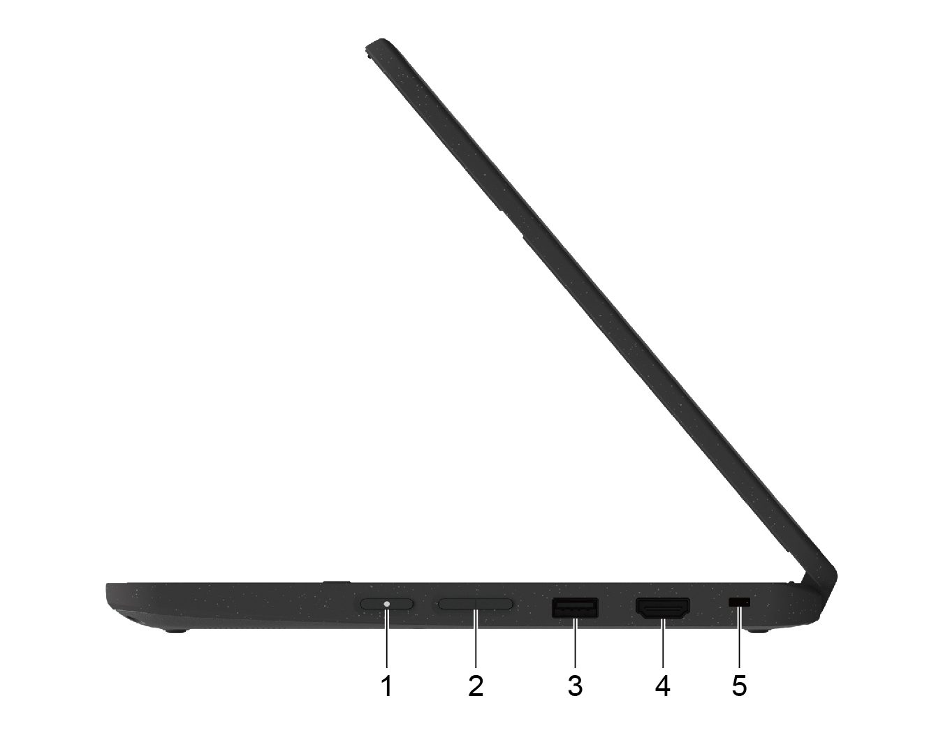 Lado derecho del Lenovo 500e Chromebook Gen 4s con botón de encendido, volumen, USB-A, HDMI y ranura de seguridad