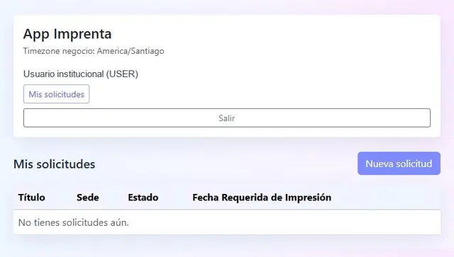Pantalla Mis solicitudes de App Imprenta con el perfil USER y el botón Nueva solicitud