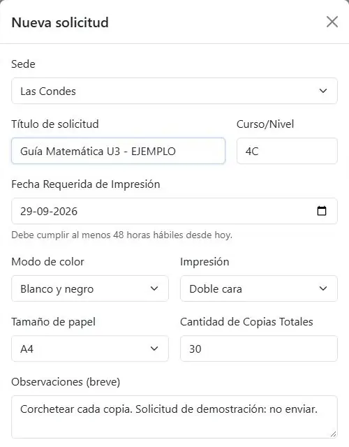 Formulario Nueva solicitud con una solicitud de ejemplo ya completada