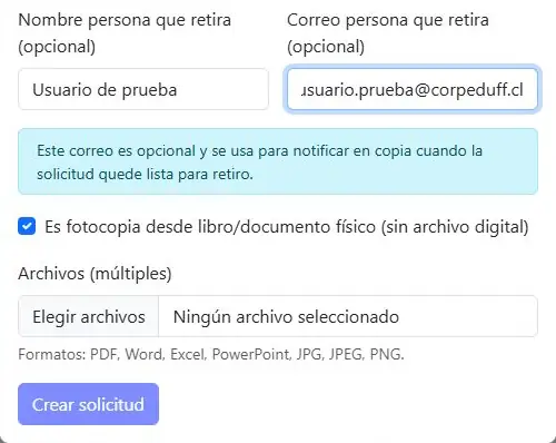 Final del formulario: casilla de fotocopia física, Elegir archivos y botón Crear solicitud