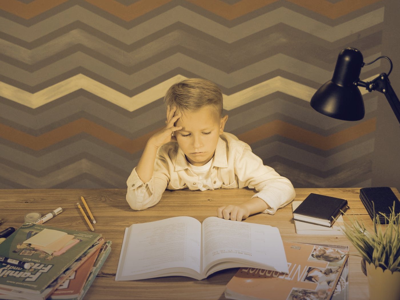 Niño leyendo concentrado en su escritorio