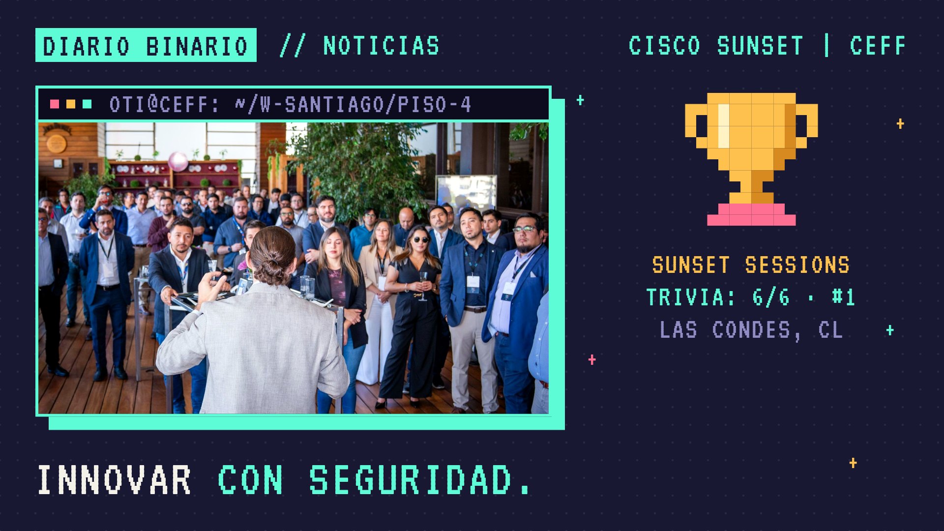 Portada estilo pixel art: un expositor habla al público en la terraza del encuentro, dentro de una ventana de terminal, junto a un trofeo pixel y el texto «Innovar con seguridad».