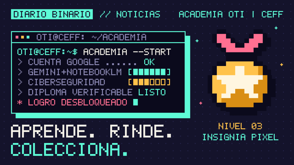 Ilustración pixel art: una consola muestra el avance en los cursos de la Academia OTI y una medalla de 8 bits anuncia «logro desbloqueado».