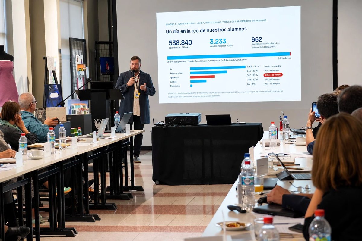 Hugo Miranda, jefe de TI de la Corporación, presenta ante rectores sentados en mesas largas; en pantalla, la lámina «Un día en la red de nuestros alumnos» con 538.840 solicitudes en 24 horas y un gráfico por categorías.