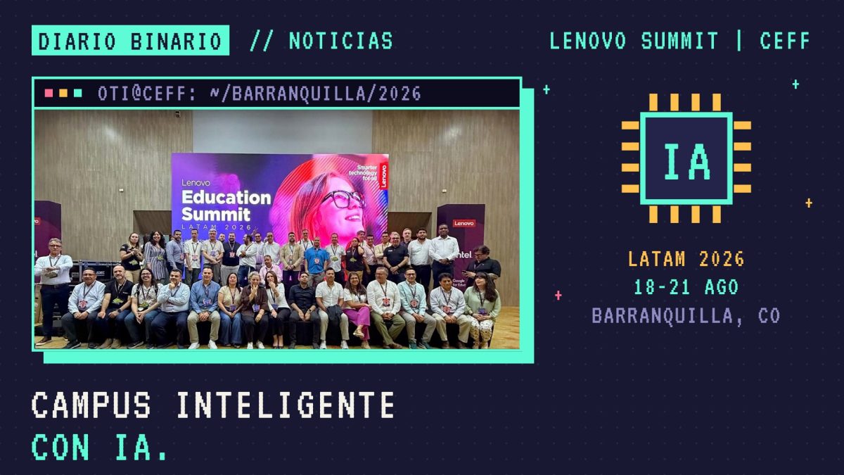 Portada estilo pixel art: la foto grupal del Lenovo Education Summit LATAM 2026 aparece dentro de una ventana de terminal, junto a un chip con las letras IA y el texto «Campus inteligente con IA».